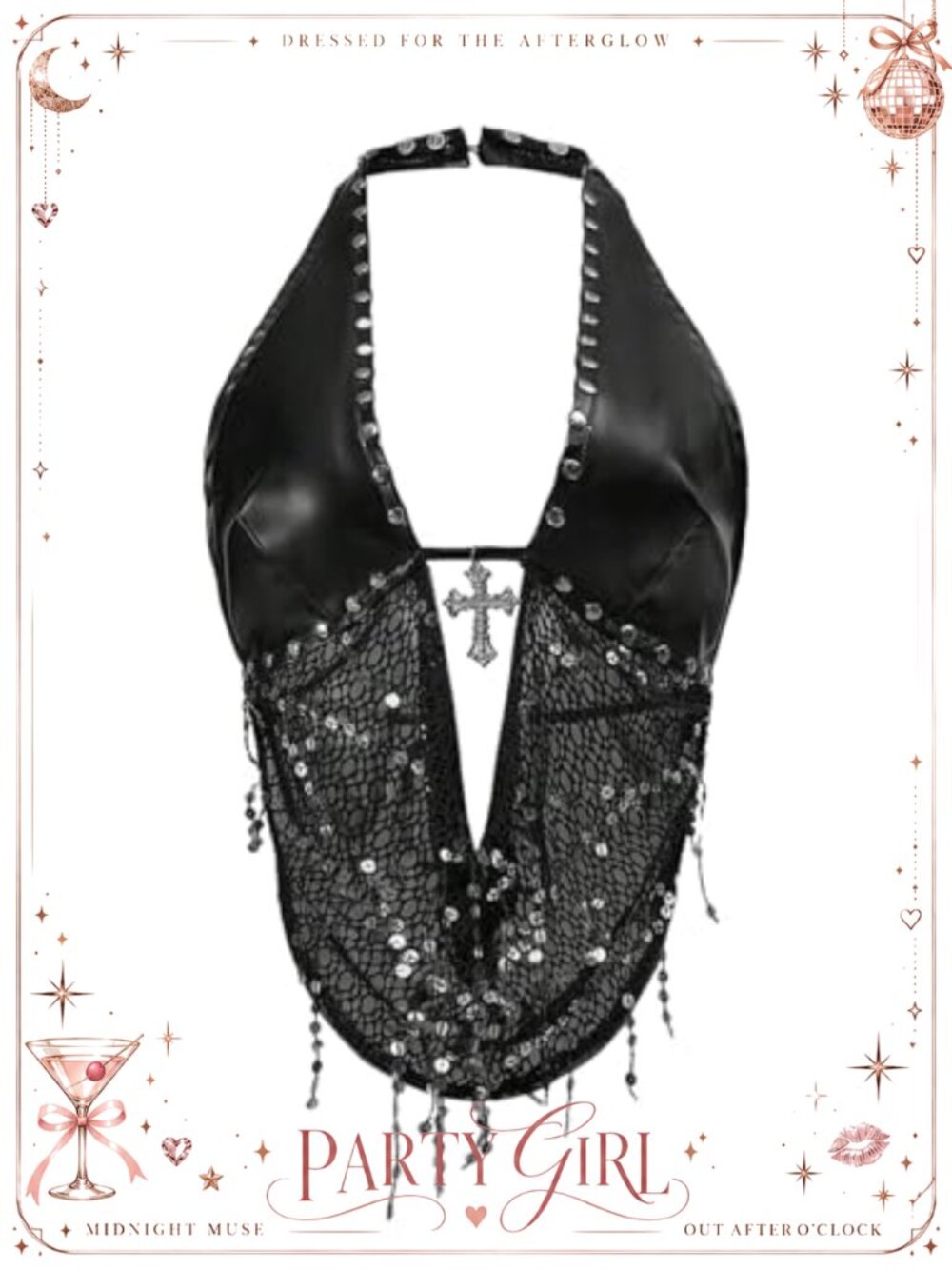 PU Leather Sparkly Halter Crop Top Backless Y2K Rave Club Party